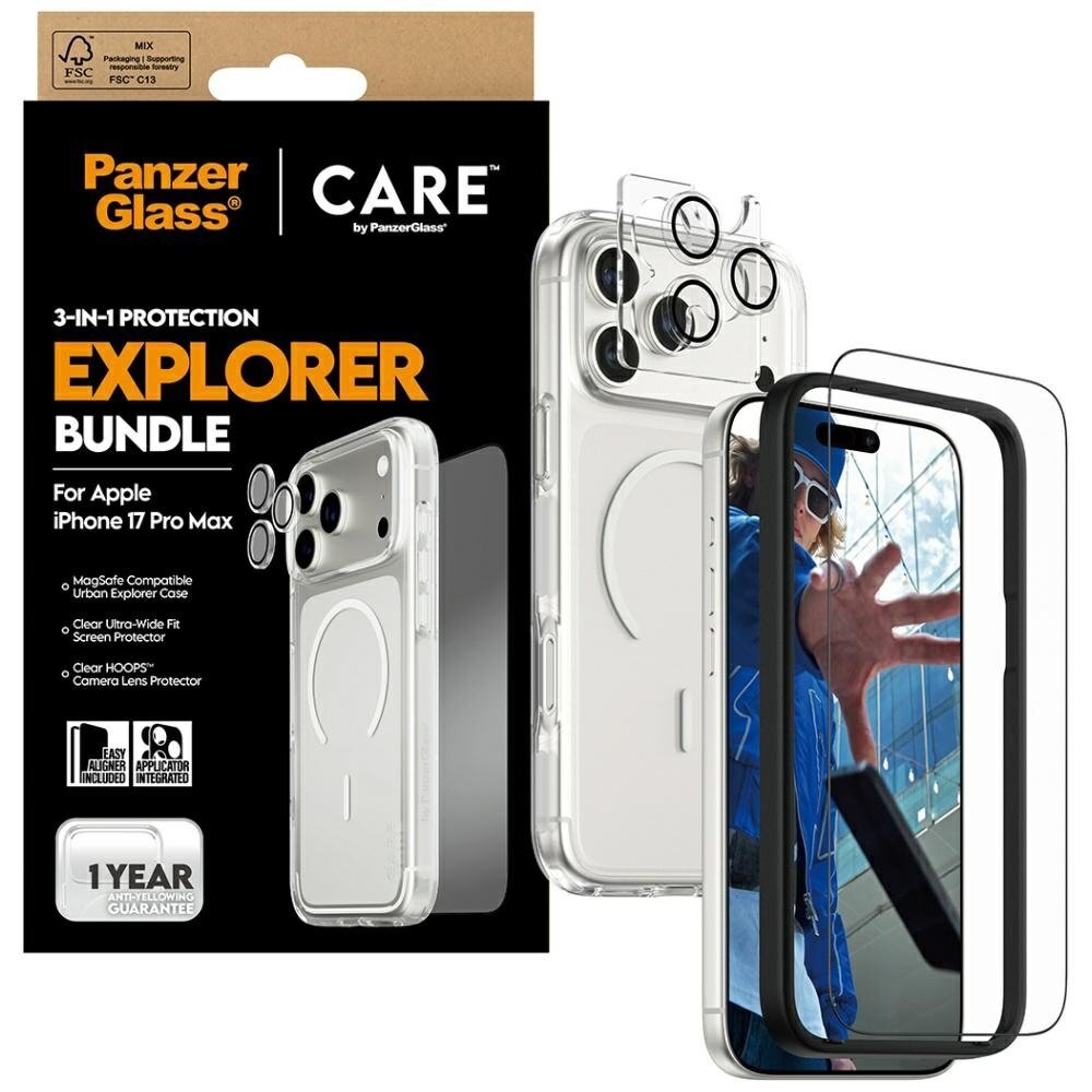 iPhone 17 Pro Max CARE by PanzerGlass Flagship Explorer 3in1 rinkinys (dėklas + stiklas + kameros apsauga) 3