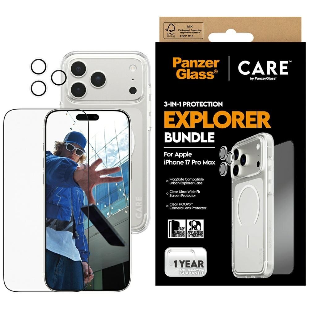 iPhone 17 Pro Max CARE by PanzerGlass Flagship Explorer 3in1 rinkinys (dėklas + stiklas + kameros apsauga)
