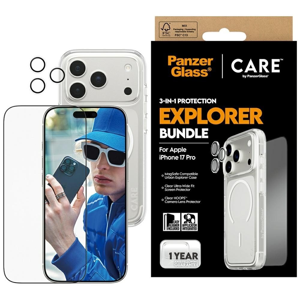 iPhone 17 Pro CARE by PanzerGlass Flagship Explorer 3in1 apsaugos rinkinys (dėklas + stiklas + kameros apsauga) iPhone 17 Pro CARE by PanzerGlass Flagship Explorer 3in1 apsaugos rinkinys (dėklas + stiklas + kameros apsauga)