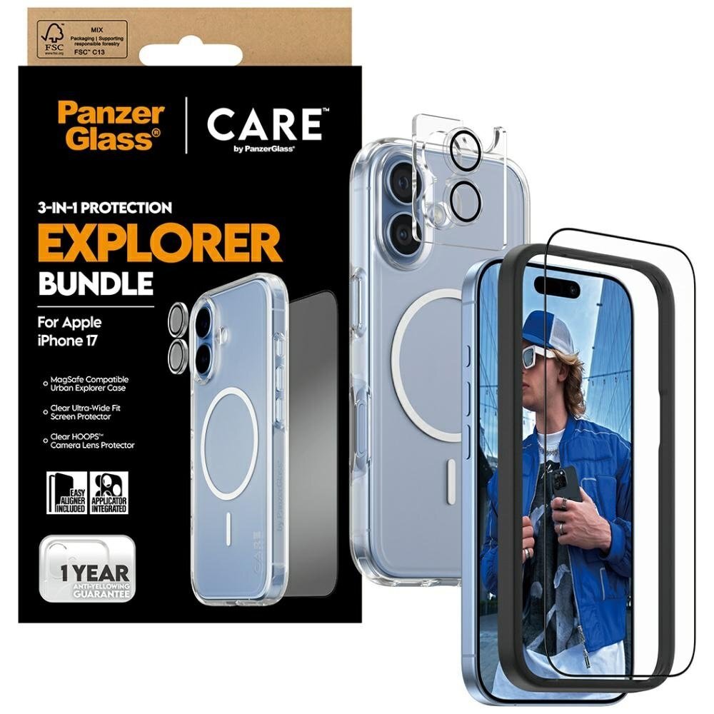 iPhone 17 CARE by PanzerGlass Flagship Explorer 3in1 rinkinys (dėklas + stiklas + kameros apsauga) 3