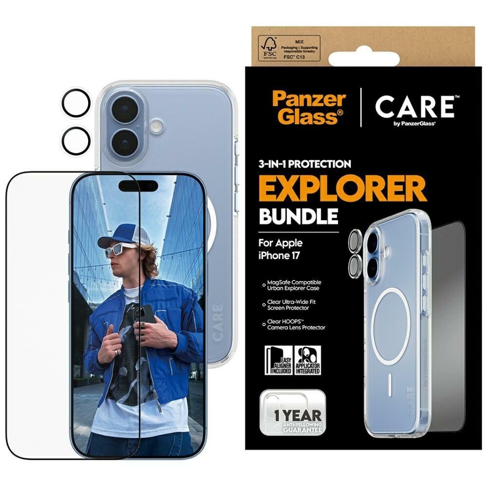 iPhone 17 CARE by PanzerGlass Flagship Explorer 3in1 rinkinys (dėklas + stiklas + kameros apsauga)