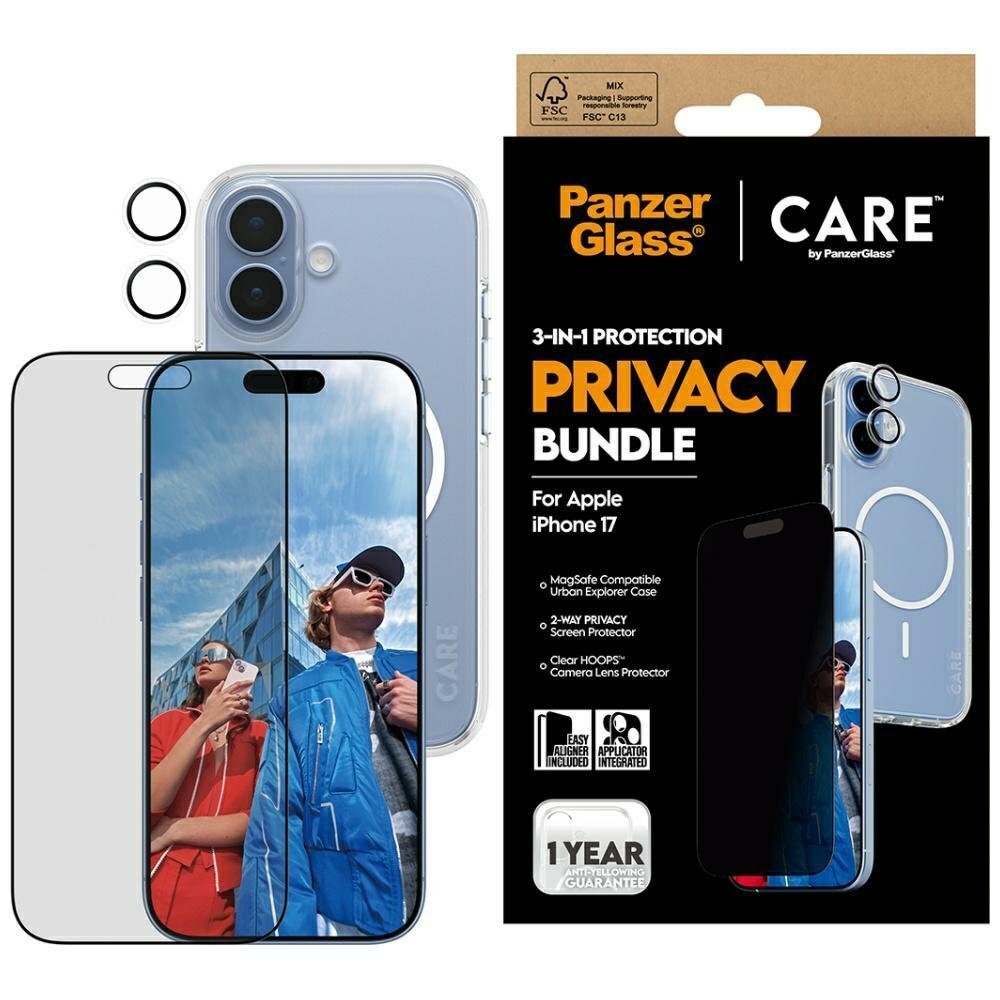 iPhone 17 CARE by PanzerGlass Flagship Privacy 3in1 rinkinys (dėklas + privatumo stiklas + kameros apsauga) iPhone 17 CARE by PanzerGlass Flagship Privacy 3in1 rinkinys (dėklas + privatumo stiklas + kameros apsauga)