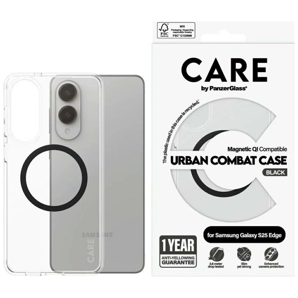Samsung Galaxy S25 Edge CARE by PanzerGlass Flagship Urban Combat Black QI dėklas - permatomas Samsung Galaxy S25 Edge CARE by PanzerGlass Flagship Urban Combat Black QI dėklas - permatomas