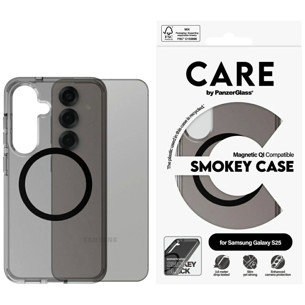 CARE by PanzerGlass Flagship Urban Combat Black QI Dėklas Samsung Galaxy S25 - Semi-Permatomas Smoke CARE by PanzerGlass Flagship Urban Combat Black QI Dėklas Samsung Galaxy S25 - Semi-Permatomas Smoke