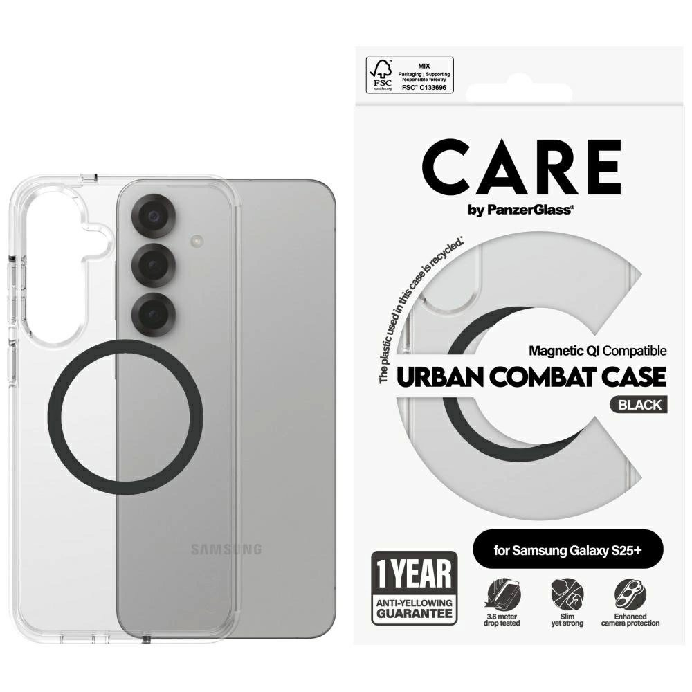 CARE by PanzerGlass Flagship Urban Combat Juodas QI Dėklas skirtas Samsung Galaxy S25+ - Permatomas