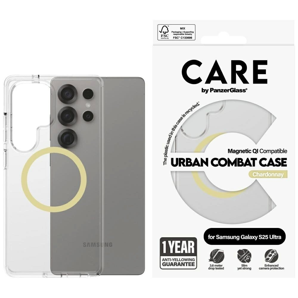 CARE by PanzerGlass Flagship Urban Combat Chardonnay QI Dėklas Samsung Galaxy S25 Ultra - Permatomas CARE by PanzerGlass Flagship Urban Combat Chardonnay QI Dėklas Samsung Galaxy S25 Ultra - Permatomas