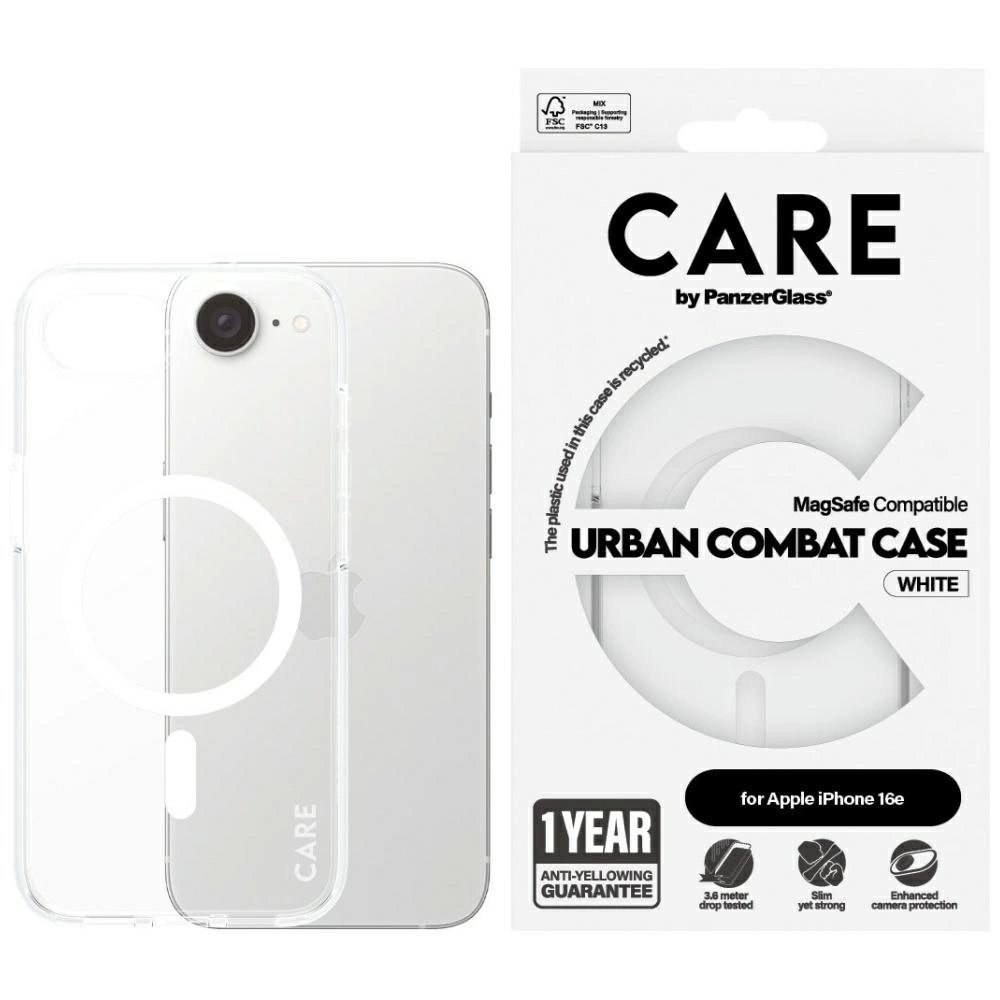 iPhone 16e – CARE by PanzerGlass Flagship Urban Combat White MagSafe dėklas - Skaidrus