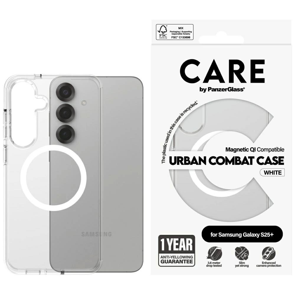 CARE by PanzerGlass Flagship Urban Combat Baltas QI Dėklas skirtas Samsung Galaxy S25+ - Permatomas