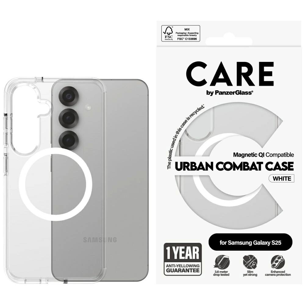 CARE by PanzerGlass Flagship Urban Combat White QI Dėklas Samsung Galaxy S25 - Permatomas CARE by PanzerGlass Flagship Urban Combat White QI Dėklas Samsung Galaxy S25 - Permatomas