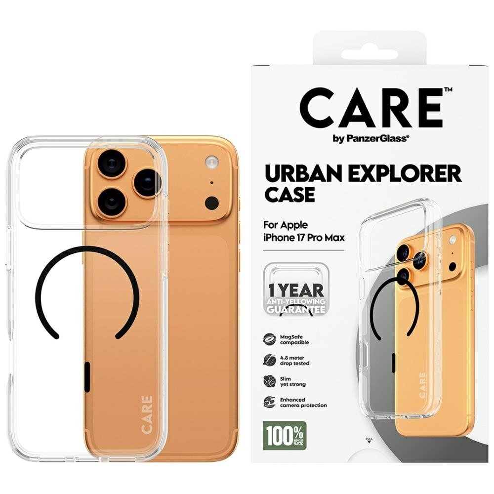 iPhone 17 Pro Max CARE by PanzerGlass Flagship Urban Explorer dėklas su juodu MagSafe – skaidrus