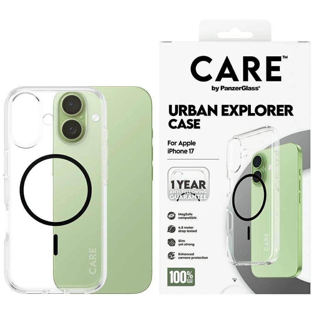 iPhone 17 CARE by PanzerGlass Flagship Urban Explorer dėklas su juodu MagSafe – skaidrus