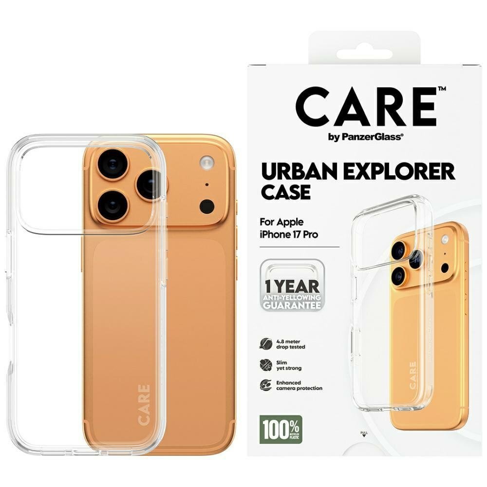 iPhone 17 Pro dėklas CARE by PanzerGlass Flagship Urban Explorer su skaidriu rėmeliu – skaidrus