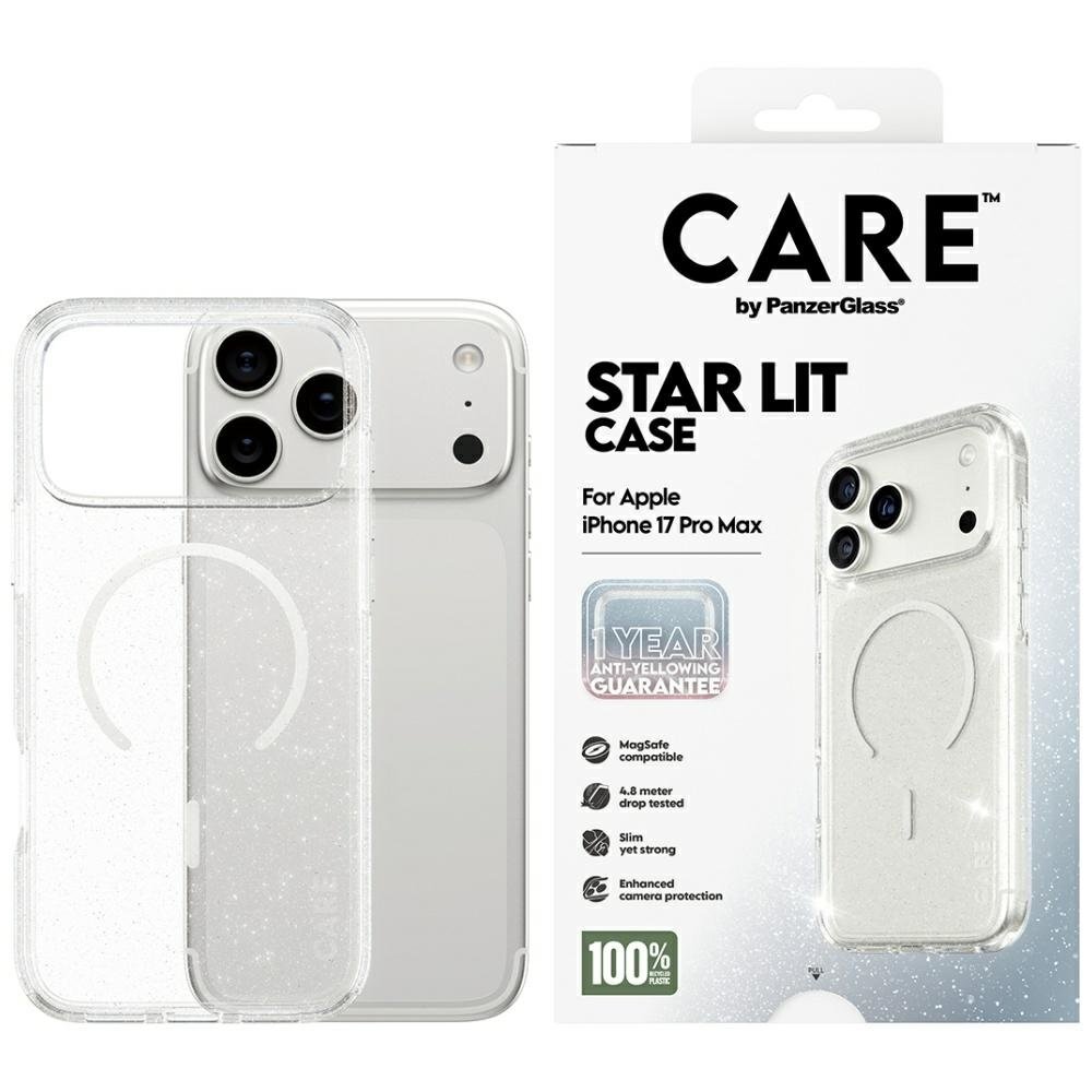 iPhone 17 Pro Max dėklas CARE by PanzerGlass Flagship Urban Explorer, White MagSafe – skaidrus blizgus iPhone 17 Pro Max dėklas CARE by PanzerGlass Flagship Urban Explorer, White MagSafe – skaidrus blizgus