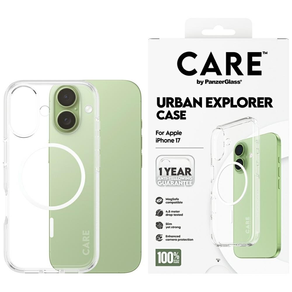 iPhone 17 dėklas CARE by PanzerGlass Flagship Urban Explorer su baltu MagSafe – skaidrus iPhone 17 dėklas CARE by PanzerGlass Flagship Urban Explorer su baltu MagSafe – skaidrus