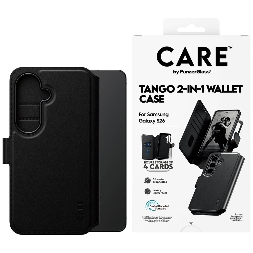 Samsung Galaxy S26 CARE by PanzerGlass Tango 2in1 Wallet dėklas – juodas Samsung Galaxy S26 CARE by PanzerGlass Tango 2in1 Wallet dėklas – juodas