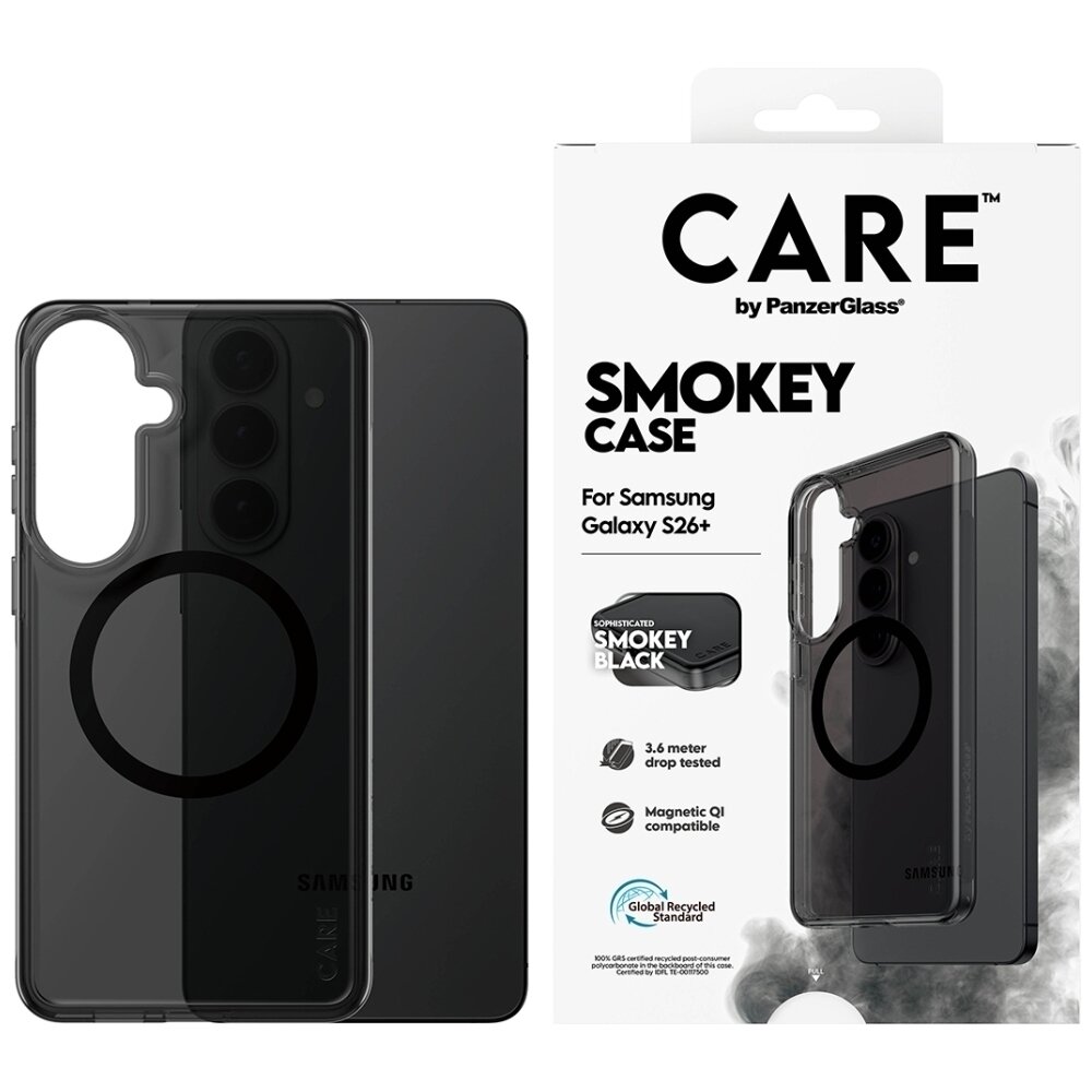 Samsung Galaxy S26+ CARE by PanzerGlass Urban Explorer Smokey Qi dėklas – juodas Samsung Galaxy S26+ CARE by PanzerGlass Urban Explorer Smokey Qi dėklas – juodas