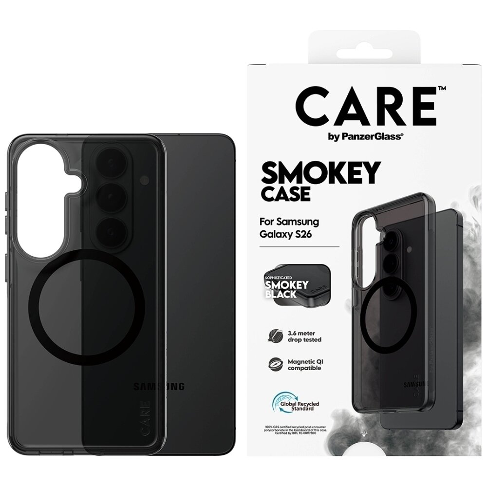 Samsung Galaxy S26 CARE by PanzerGlass Urban Explorer Smokey Qi dėklas – juodas Samsung Galaxy S26 CARE by PanzerGlass Urban Explorer Smokey Qi dėklas – juodas