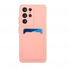 Dėklas su kišenėle kortelėms Card Case Silicone Wallet Samsung Galaxy S22 Ultra Rožinis