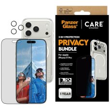 iPhone 17 Pro CARE by PanzerGlass Flagship Privacy 3in1 rinkinys (dėklas + privatumo stiklas + kameros apsauga)