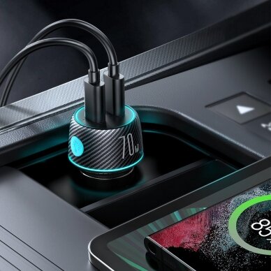 Car charger 2x USB C 70W with LED backlight Joyroom JR-CCN02 | Juodas 3