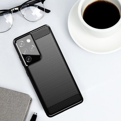 Dėklas Carbon Case Flexible Cover TPU Samsung Galaxy S21 Ultra 5G Juodas 4
