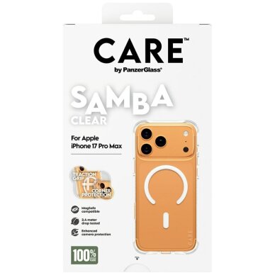 iPhone 17 Pro Max CARE by PanzerGlass stilingas Samba dėklas su baltu MagSafe – skaidrus 4 iPhone 17 Pro Max CARE by PanzerGlass stilingas Samba dėklas su baltu MagSafe – skaidrus 4