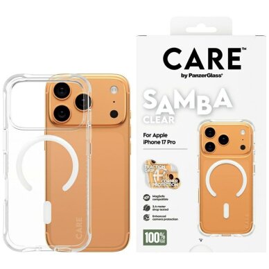 iPhone 17 Pro CARE by PanzerGlass stilingas Samba dėklas su baltu MagSafe – skaidrus iPhone 17 Pro CARE by PanzerGlass stilingas Samba dėklas su baltu MagSafe – skaidrus
