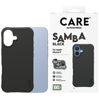 iPhone 17 dėklas CARE by PanzerGlass Fashionable Samba, MagSafe – juodas iPhone 17 dėklas CARE by PanzerGlass Fashionable Samba, MagSafe – juodas