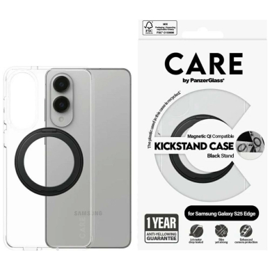 Samsung Galaxy S25 Edge CARE by PanzerGlass Feature Black Kickstand & QI dėklas - permatomas