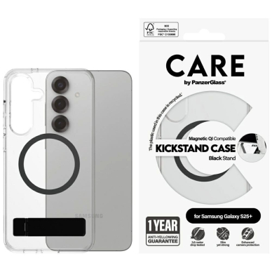 CARE by PanzerGlass Feature Juodas Kickstand QI Dėklas Samsung Galaxy S25+ - Permatomas CARE by PanzerGlass Feature Juodas Kickstand QI Dėklas Samsung Galaxy S25+ - Permatomas