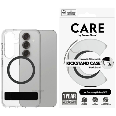 CARE by PanzerGlass Feature Juodas Kickstand  QI Dėklas Samsung Galaxy S25 - Permatomas CARE by PanzerGlass Feature Juodas Kickstand  QI Dėklas Samsung Galaxy S25 - Permatomas