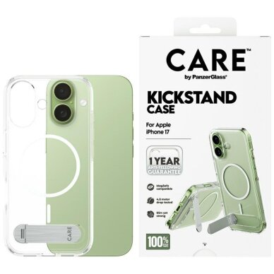 iPhone 17 CARE by PanzerGlass Feature dėklas su atrama ir MagSafe – permatomas iPhone 17 CARE by PanzerGlass Feature dėklas su atrama ir MagSafe – permatomas