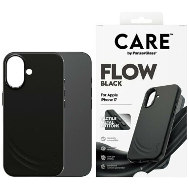 iPhone 17 dėklas CARE by PanzerGlass Feature FLOW, MagSafe – juodas iPhone 17 dėklas CARE by PanzerGlass Feature FLOW, MagSafe – juodas