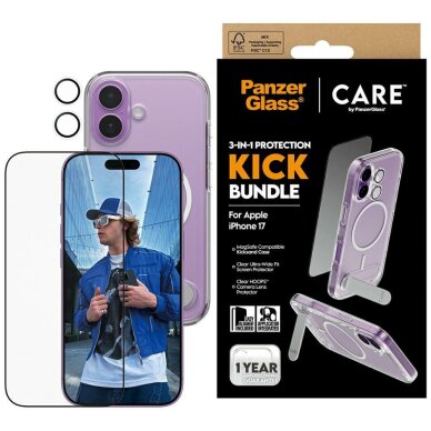 iPhone 17 CARE by PanzerGlass Feature Kick 3in1 rinkinys (dėklas + stiklas + kameros apsauga)