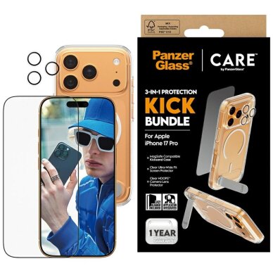 iPhone 17 Pro CARE by PanzerGlass Feature Kick 3in1 apsaugos rinkinys (dėklas + stiklas + kameros apsauga)