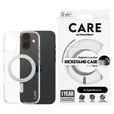 iPhone 16 – CARE by PanzerGlass Feature Kickstand dėklas 6.1" - Sidabrinis/Sidabrinis MagSafe 1325