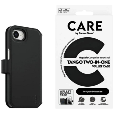 iPhone 16e CARE by PanzerGlass Feature Tango 2in1 Wallet dėklas - juodas