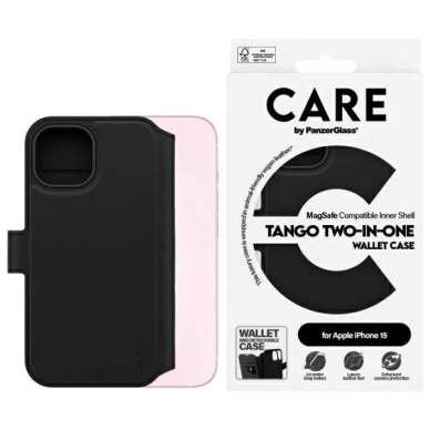 iPhone 15 CARE by PanzerGlass Feature Tango 2in1 Wallet MagSafe dėklas - juodas iPhone 15 CARE by PanzerGlass Feature Tango 2in1 Wallet MagSafe dėklas - juodas