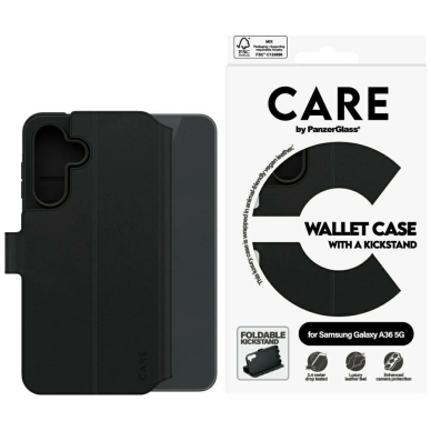 Samsung Galaxy A36 5G – CARE by PanzerGlass Feature Wallet Kickstand dėklas - Juodas Samsung Galaxy A36 5G – CARE by PanzerGlass Feature Wallet Kickstand dėklas - Juodas