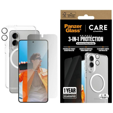 Samsung Galaxy S25 Edge CARE by PanzerGlass Flagship 3in1 dėklas + Privacy stiklas + lęšis - permatomas