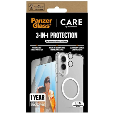 Samsung Galaxy S25 Edge CARE by PanzerGlass Flagship 3in1 dėklas+stiklas+lęšis - permatomas 3