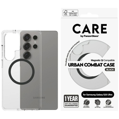 CARE by PanzerGlass Flagship Urban Combat Juodas QI Dėklas skirtas Samsung Galaxy S25 Ultra - Permatomas