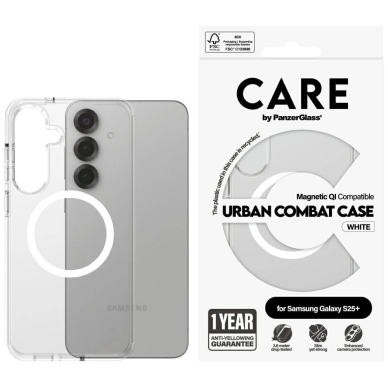 CARE by PanzerGlass Flagship Urban Combat Baltas QI Dėklas skirtas Samsung Galaxy S25+ - Permatomas CARE by PanzerGlass Flagship Urban Combat Baltas QI Dėklas skirtas Samsung Galaxy S25+ - Permatomas