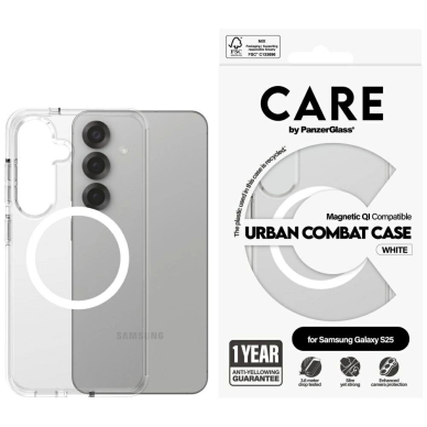 CARE by PanzerGlass Flagship Urban Combat White QI Dėklas Samsung Galaxy S25 - Permatomas CARE by PanzerGlass Flagship Urban Combat White QI Dėklas Samsung Galaxy S25 - Permatomas