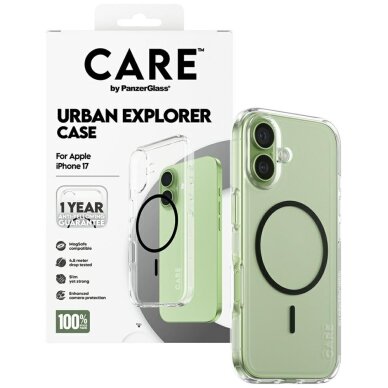 iPhone 17 CARE by PanzerGlass Flagship Urban Explorer dėklas su juodu MagSafe – skaidrus 3 iPhone 17 CARE by PanzerGlass Flagship Urban Explorer dėklas su juodu MagSafe – skaidrus 3