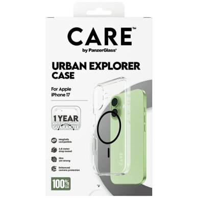 iPhone 17 CARE by PanzerGlass Flagship Urban Explorer dėklas su juodu MagSafe – skaidrus 4 iPhone 17 CARE by PanzerGlass Flagship Urban Explorer dėklas su juodu MagSafe – skaidrus 4