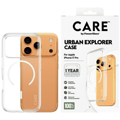 iPhone 17 Pro CARE by PanzerGlass Flagship Urban Explorer dėklas su baltu MagSafe – skaidrus iPhone 17 Pro CARE by PanzerGlass Flagship Urban Explorer dėklas su baltu MagSafe – skaidrus