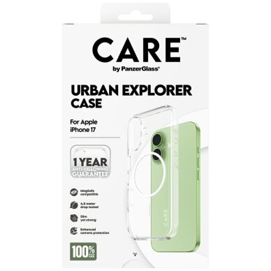 iPhone 17 dėklas CARE by PanzerGlass Flagship Urban Explorer su baltu MagSafe – skaidrus 4 iPhone 17 dėklas CARE by PanzerGlass Flagship Urban Explorer su baltu MagSafe – skaidrus 4