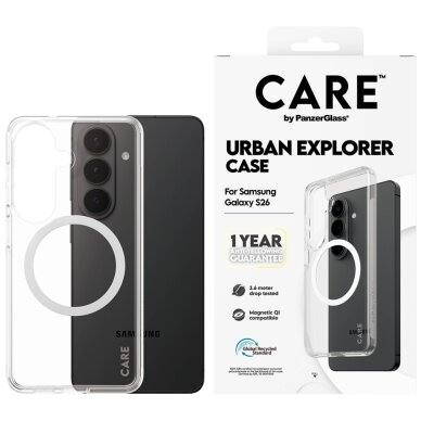 Samsung Galaxy S26 CARE by PanzerGlass Urban Explorer Transparent Qi dėklas – skaidrus Samsung Galaxy S26 CARE by PanzerGlass Urban Explorer Transparent Qi dėklas – skaidrus