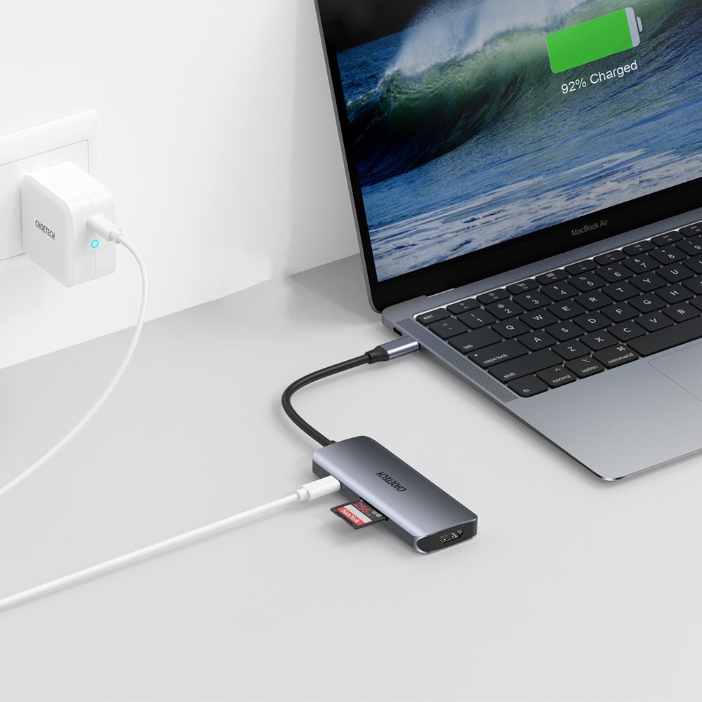 Akcija! Jungčių Daugintuvas Choetech 7in1 multifunctional USB Type C HUB - 3x USB 3.2 Gen 1 / SD ir TF atminties kortelės skaitytuvas / HDMI 4K 30Hz / USB Type C Pilkas (HUB-M19 gray)  4